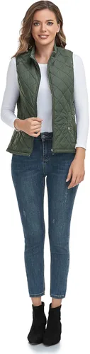 Vista 6 de LONGKING Chaleco para mujer con un bolsillo interior, cuello alto, ligero, acolchado, con cremallera, para mujer