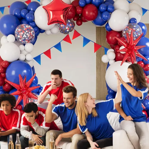 Vista 4 de Kit de guirnalda de arco de globos azules, blancos y rojos: 127 globos de aluminio con forma de estrella de explosión roja para cumpleaños