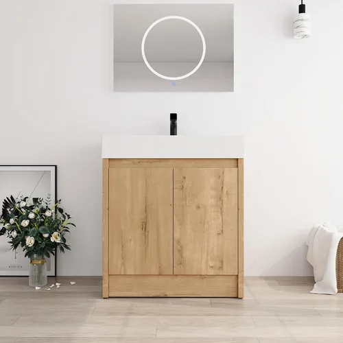 Vista 11 de Tocador de baño pequeño de 16 pulgadas con lavabo, tocador de baño independiente de 16" para espacios pequeños, gabinete de madera contrachapada