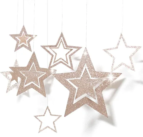 Vista 6 de Decor365 Guirnaldas de Estrellas Centelleantes Dorado Champán Decoraciones de Fiesta Pancarta de Estrellas Decoración Colgante de Techo Serpentina