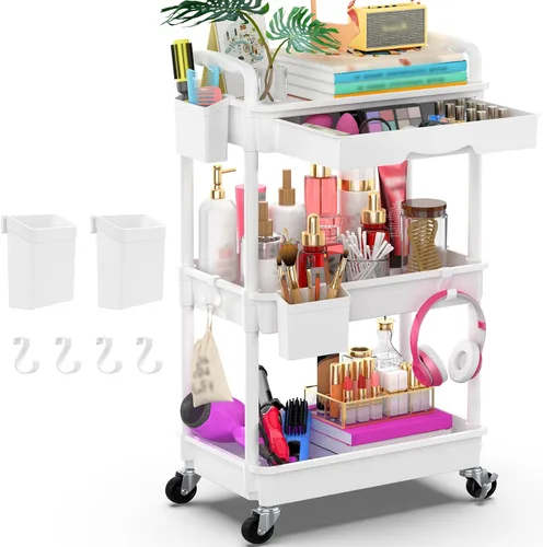 Vista 19 de Goovilla Organizador de carrito utilitario de 3 niveles con cajón extraíble, carritos de almacenamiento rodantes negros estables y resistentes con 2