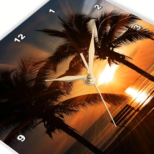 Vista 3 de Reloj de pared con diseño de rosa 3D con palmera y vista sobre el mar, 15" x 15