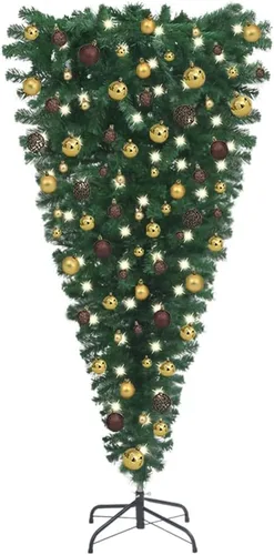 Vista 12 de Árbol de Navidad artificial verde al revés de 5 pies con 150 luces LED y bolas de Navidad doradas, árbol de Navidad artificial completo