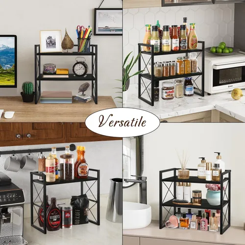 Vista 7 de YINMIT - Organizador de escritorio de 2 niveles, estantes de oficina de madera, organizador de escritorio con almacenamiento y estante de exhibición