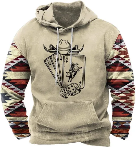Vista 14 de HOTYD Western Cowboy Hooded Sweatshirt Vintage Aztec Pullover Men Casual Long Sleeve Drawstring Hoodies with Pocket
