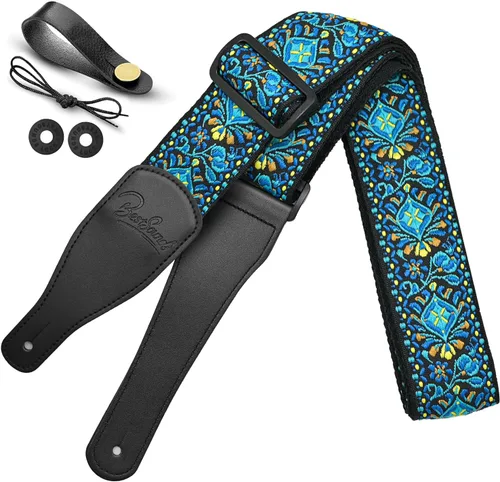 Vista 8 de Correa de guitarra, correas de algodón bordado jacquard con extremos de cuero genuino correa de hombro para bajo, acústico, guitarra eléctrica
