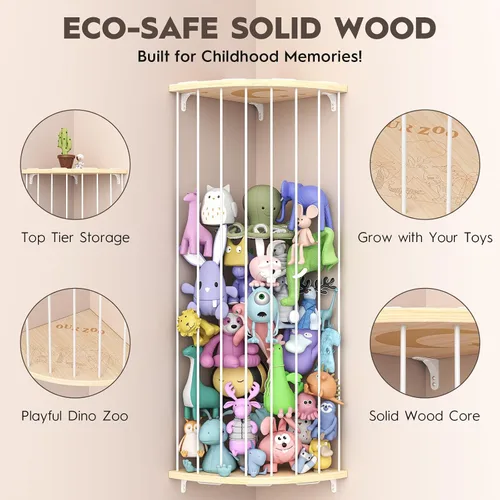 Vista 4 de Zoológico de almacenamiento de animales de peluche de esquina, organizador grande ajustable de juguetes de felpa de madera maciza, estante colgante