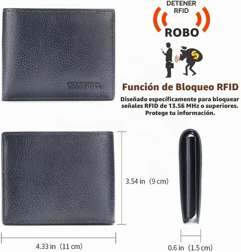 Vista 2 de Billetera de piel triple con bloqueo RFID para hombre con 2 ventanas de identificación, 2 compartimentos para efectivo, 6-8 ranuras para tarjetas