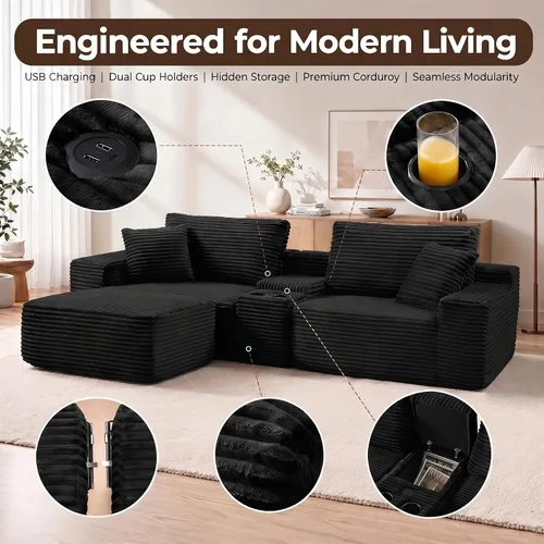 Vista 4 de Sofá modular sin hueso de 111 pulgadas en forma de L con portavasos y puertos de carga USB, sofá modular de 3 asientos con otomana de Negro azabache