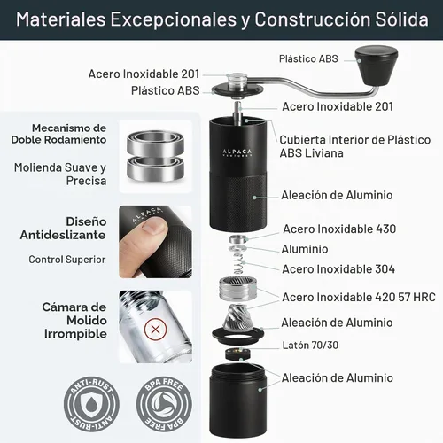 Vista 4 de Molinillo de café manual de Alpaca Ventures - Molinillo de café manual de rebaba cónica de acero inoxidable con configuración ajustable y doble