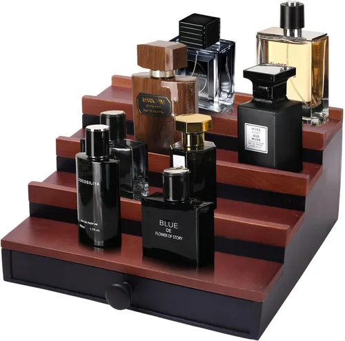 Vista 17 de 4 Tier Men's Cologne Organizer, Black Wooden Display Stand with Drawer Negro-4 niveles