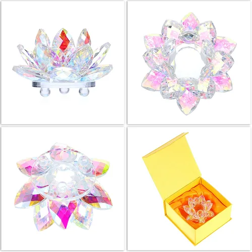 Vista 4 de OwnMy Figuras de flor de loto de cristal brillante de 3 pulgadas, adorno decorativo de flor de loto, decoración de loto Feng Shui, pisapapeles