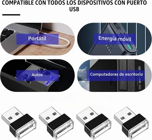Vista 3 de 4 PCS Lámpara de Atmósfera Interior de Coche LED USB, Mini Luz Nocturna LED Portátil, Kit de Iluminación Ambiental de Maletero con Interfaz USB