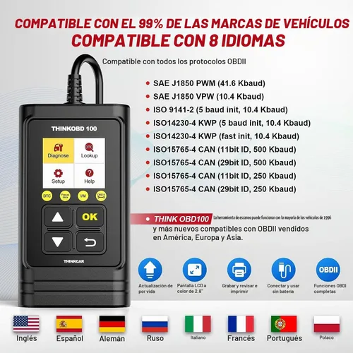 Vista 7 de Escáner de Coche OBD2 THINKCAR, Lector de Códigos de Falla del Motor THINKOBD100 con Funciones OBD II Completas, Sensor O2, Herramienta de Escaneo