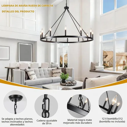 Vista 3 de Candelabro de Rueda de Carro Negro de 38 pulgadas, Candelabros de Rueda de Carro Estilo Granja de 12 Luces Redondo Industrial de Techo Rústico