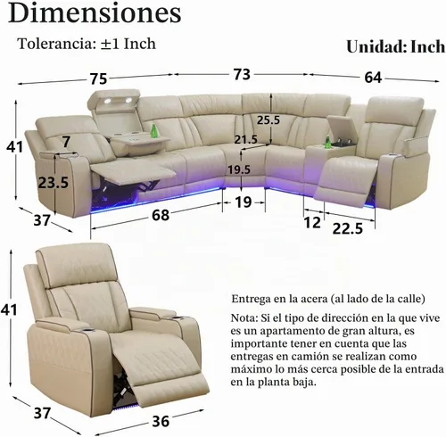 Vista 2 de Juego de sofá modular reclinable eléctrico con luz LED, juego de sofá modular reclinable de cuero, incluye sillón reclinable individual, juego