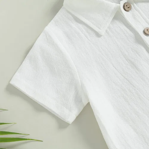 Vista 4 de BULINGNA Conjunto de 2 piezas de camiseta de manga corta con botones y pantalones cortos para bebé, algodón, lino, verano