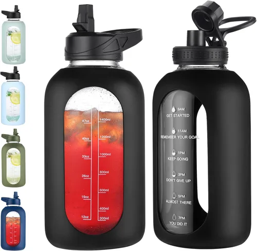 Vista 22 de EALGRO Botella de agua de vidrio de 32 onzas con popote y asa, frasco de agua motivacional deportivo con funda de silicona, taza grande a prueba