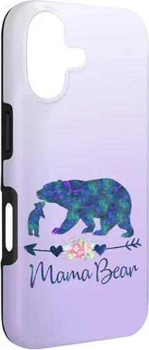 Vista 3 de Teal Blue Purple Floral Mama Bear and One Cub Silver Purple Case for iPhone 17