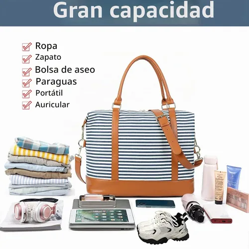 Vista 6 de CAMTOP Bolsa de Viaje para Mujeres Damas de Lona Fin de Semana Nocturno Equipaje de Mano Bolsas Rayas A-blue
