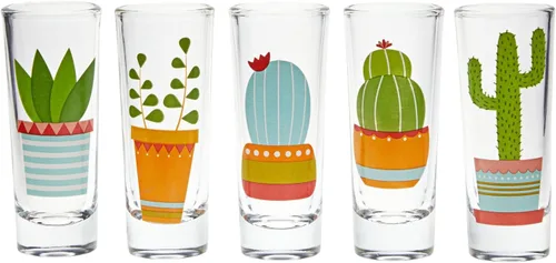 Vista 8 de BLUE PANDA Vasos de chupito con diseño de cactus, paquete de 5, 2 onzas, multicolor, vasos de chupito de tequila para whisky