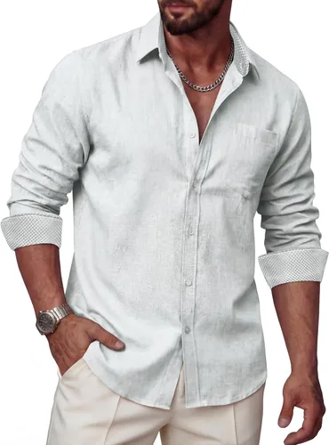 Vista 10 de Camisas de lino para hombre, casual, de manga larga, con botones, ajuste regular, cuello en contraste, con bolsillo