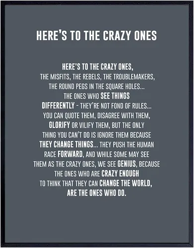 Vista 9 de Heres to the Crazy Ones Cita Motivacional Empresarial - Lámina Artística de 8 x 10 pulgadas, Decoración del Hogar ENMARCADA - Póster de Arte
