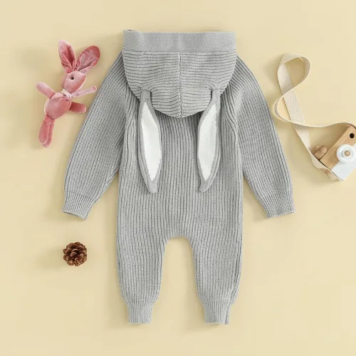 Vista 2 de Amiblvowa Mameluco de conejito largo con capucha de orejas de conejo para bebé, suéter de punto, mameluco para recién nacido, traje de Pascua