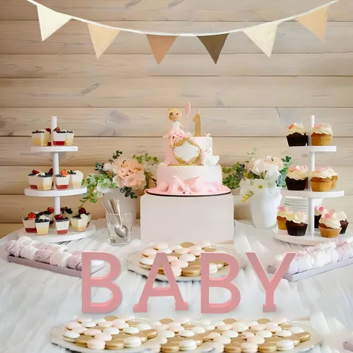Vista 4 de Decoraciones de mesa de baby shower, 4 piezas separadas de madera para bebé, bloques de letras de madera, centros de mesa rosados, para decoración