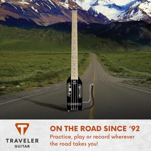 Vista 6 de Traveler Guitar Guitarra Bajo Ultra-Ligera Negro Brillante Guitarra de Bajo de Viaje Pequeña con Apoyo de Regazo Removible Guitarra Portátil sin