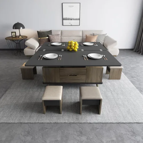 Vista 9 de Mesa de centro elevable con 4 taburetes de poliuretano, mesa de centro clásica de color negro con contraste marrón que se convierte en mesa