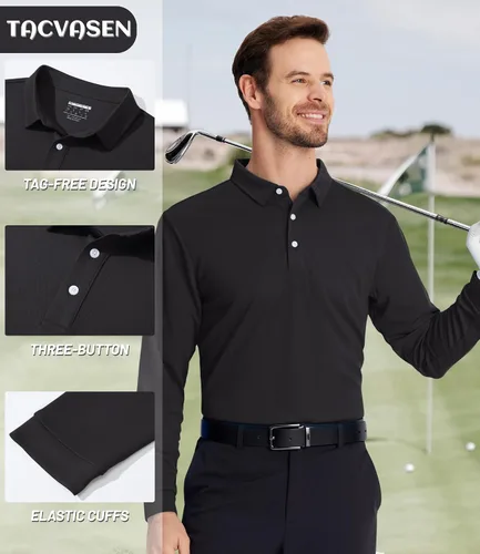 Vista 2 de TACVASEN Polo de manga larga para hombre, de secado rápido, absorbe la humedad, ligera, informal, con 3 botones