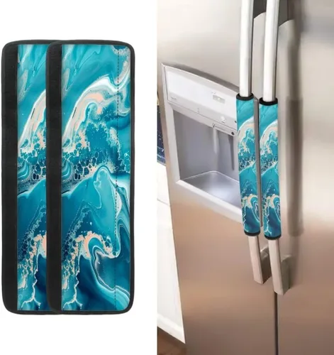 Vista 2 de Coldinair Fundas protectoras antideslizantes para manijas de puerta de refrigerador con estampado de mármol aguamarina, asas de decoración