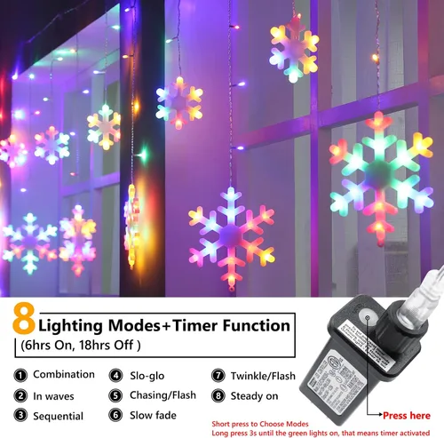 Vista 2 de Luces de copo de nieve de Navidad para exteriores, 17.22 pies, 264 luces LED de carámbano de copo de nieve con 22 gotas, 8 modos conectables