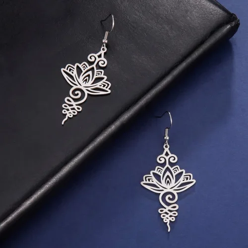 Vista 4 de Pendientes colgantes de loto para yoga, varillas de flores, delicados, lindos, modernos, meditación, chakras, joyería de moda, regalo para niña