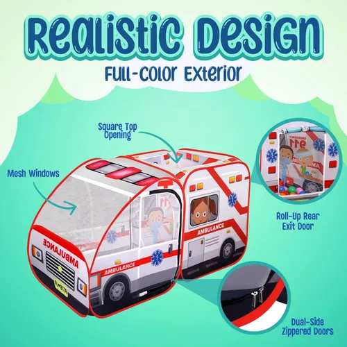 Vista 6 de Tienda de campaña desplegable de ambulancia para niños con sonidos, kit de médico y pozo de pelotas para niños pequeños y mayores, juguete