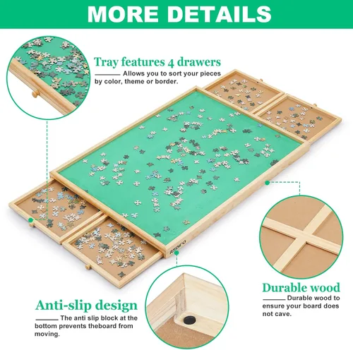 Vista 3 de Tablero de rompecabezas de madera de 1500 piezas con 4 cajones para almacenar rompecabezas, mesa de rompecabezas portátil grande de 26 x 35 pulgadas