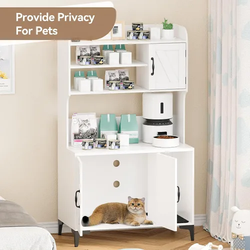 Vista 2 de Caja oculta para gatos con almacenamiento de estantes, muebles de madera resistente para baño, color blanco