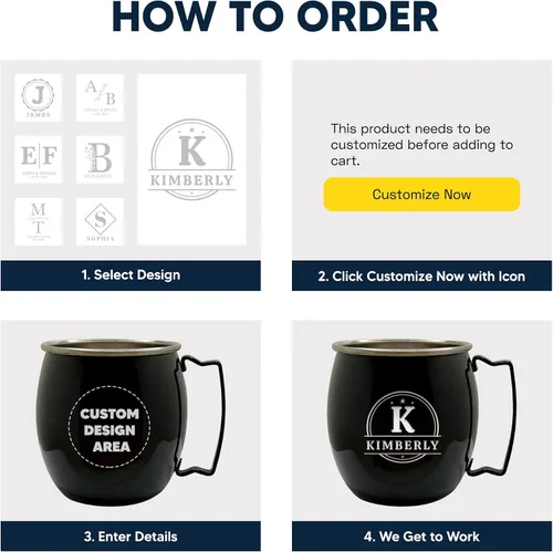Vista 6 de Tazas de Moscú Mule negras personalizadas con acabado liso con monograma grabado estilo barra, 16 onzas, individual