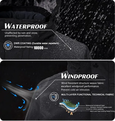 Vista 2 de Chaquetas de esquí para hombre, impermeables, chaquetas de nieve con forro de vellón, aisladas, parka pesada con capucha