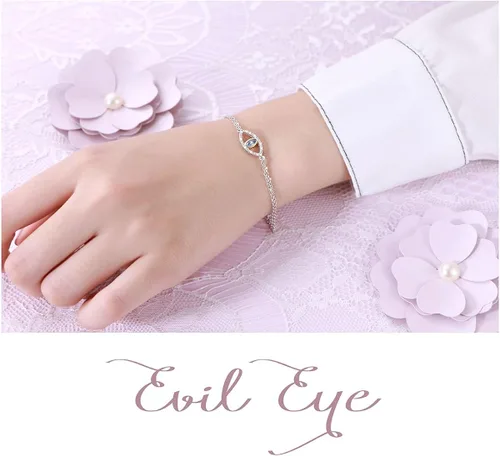 Vista 2 de Brazalete con cadena doble, con dije para mal de ojo, de plata de ley 925 y circonio cúbico, para mujer.