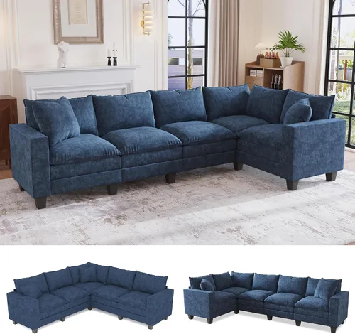 Vista 12 de Sofá seccional modular de 97 pulgadas con 5 asientos, sofá cómodo convertible en forma de L con almacenamiento en reposabrazos y dos almohadas