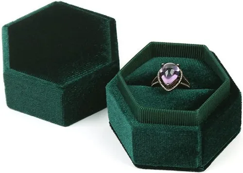 Vista 13 de Caja hexagonal de terciopelo para anillos con doble anillo, elegante caja de almacenamiento de joyas para propuestas, compromiso, aniversario, Blanco