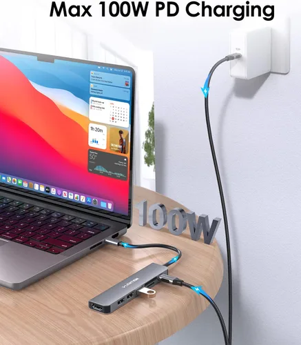 Vista 5 de LENTION Hub USB C 7 en 1, HDMI 4K a 60Hz, PD de 100 W, lector de tarjetas Gris espacial