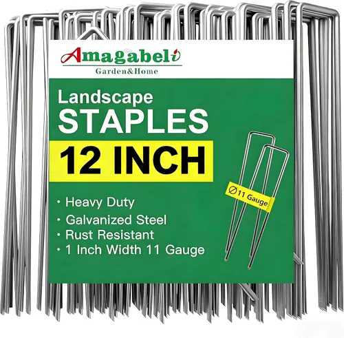 Vista 8 de AMAGABELI GARDEN & HOME Paquete de 50 grapas galvanizadas de 4 pulgadas para jardín, estacas de jardín de calibre 12, estacas de cubierta