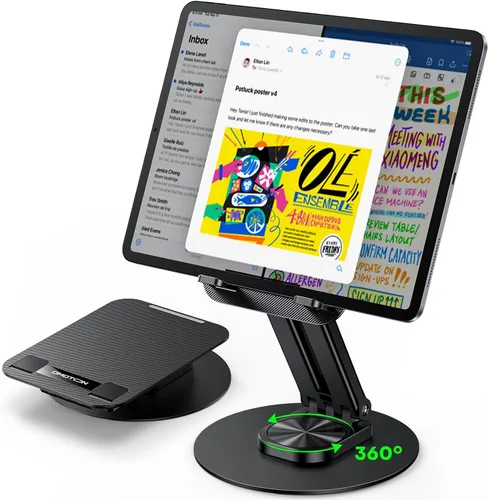 Vista 9 de OMOTON TA04 Ultra-Slim Tablet Stand for iPad, Swivel Phone Holder for Desk 360°Rotation Metal base with plastic panel, Adjustable angle, Silicone