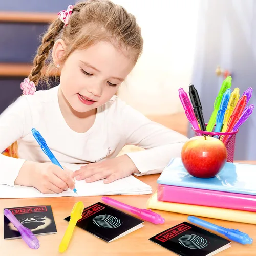 Vista 6 de Bolígrafos de tinta invisible GIFTINBOX con luz UV para niños, bolígrafos espía para regalos de fiesta para niños de 8 a 12, paquete de 24