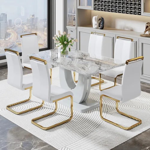 Vista 14 de JUFU Juego de mesa de comedor moderno para 4, juego de mesa de cocina rectangular de 63 pulgadas con mesa de mármol sintético y 4 sillas tapizadas
