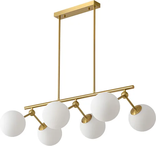 Vista 9 de Candelabro lineal moderno de 6 luces con globo de cristal de leche Sputnik, lámpara colgante plateada para cocina, isla de comedor, sobre mesa