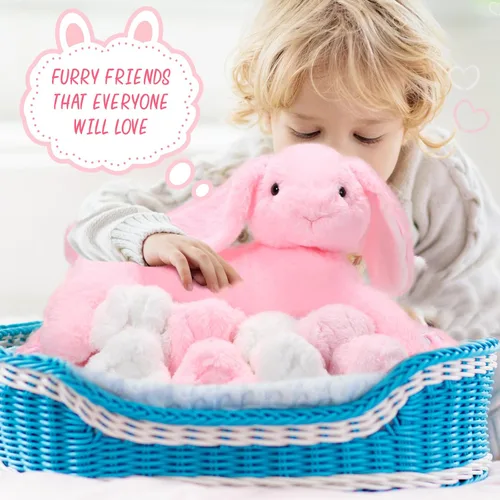Vista 6 de Libima 5 juguetes de peluche de conejo de enfermería, color rosa de 15 pulgadas, suave, con 4 conejos magnéticos para bebé, conejito de peluche